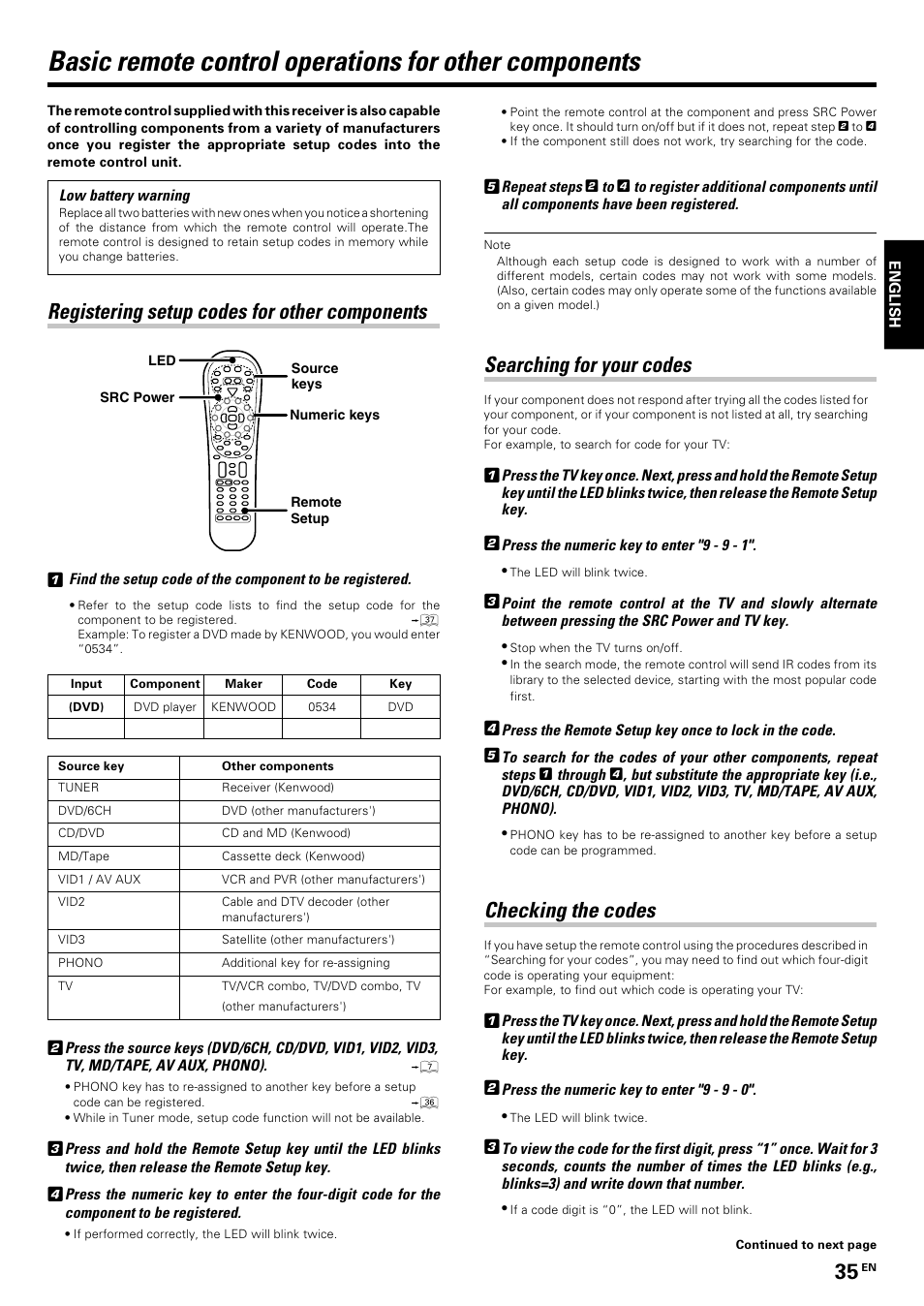 Remote control, Registering setup codes for other components, Searching for your codes | Checking the codes | Kenwood KRF-V7070D User Manual | Page 35 / 48