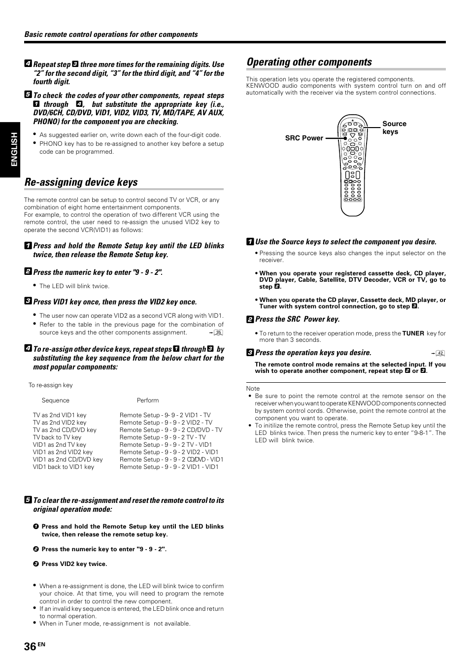 Re-assigning device keys, Operating other components | Kenwood KRF-V7070D User Manual | Page 36 / 48