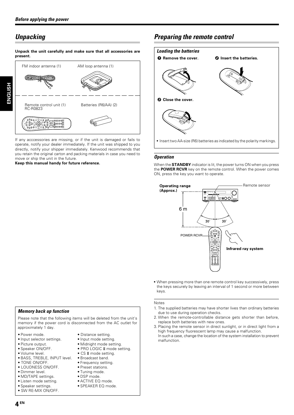 Unpacking, Preparing the remote control | Kenwood KRF-V7070D User Manual | Page 4 / 48