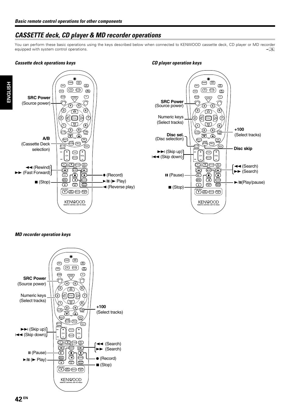 Cassette deck, cd player & md recorder operations, English | Kenwood KRF-V7070D User Manual | Page 42 / 48