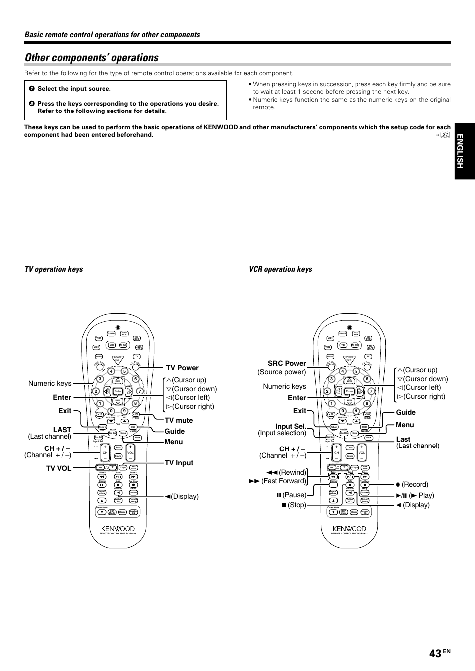 Other components’ operations, Tv operation keys vcr operation keys, English | Src power (source power) numeric keys, Rewind), Fast forward) 8, Pause) 3/8 (3 play) 7 | Kenwood KRF-V7070D User Manual | Page 43 / 48