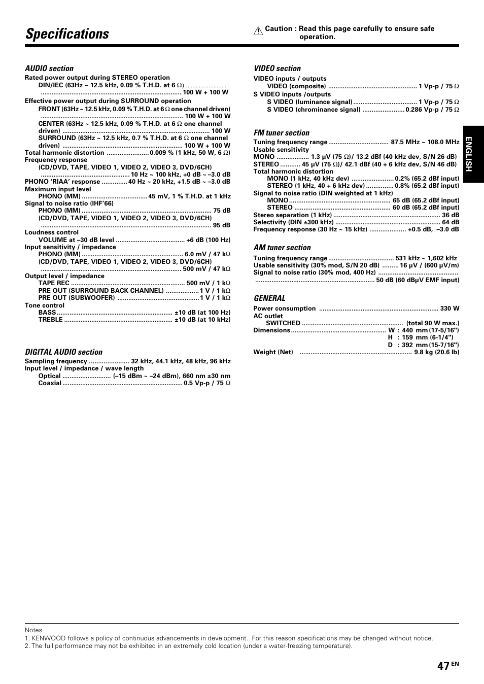 Specifications | Kenwood KRF-V7070D User Manual | Page 47 / 48