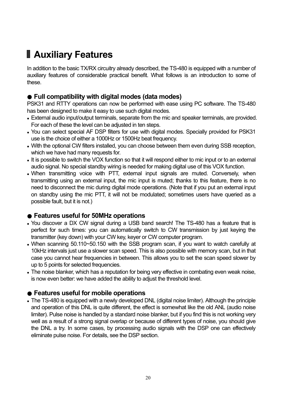 Auxiliary features, Full compatibility with digital modes (data modes), Features useful for 50mhz operations | Features useful for mobile operations | Kenwood TS-480 User Manual | Page 20 / 59