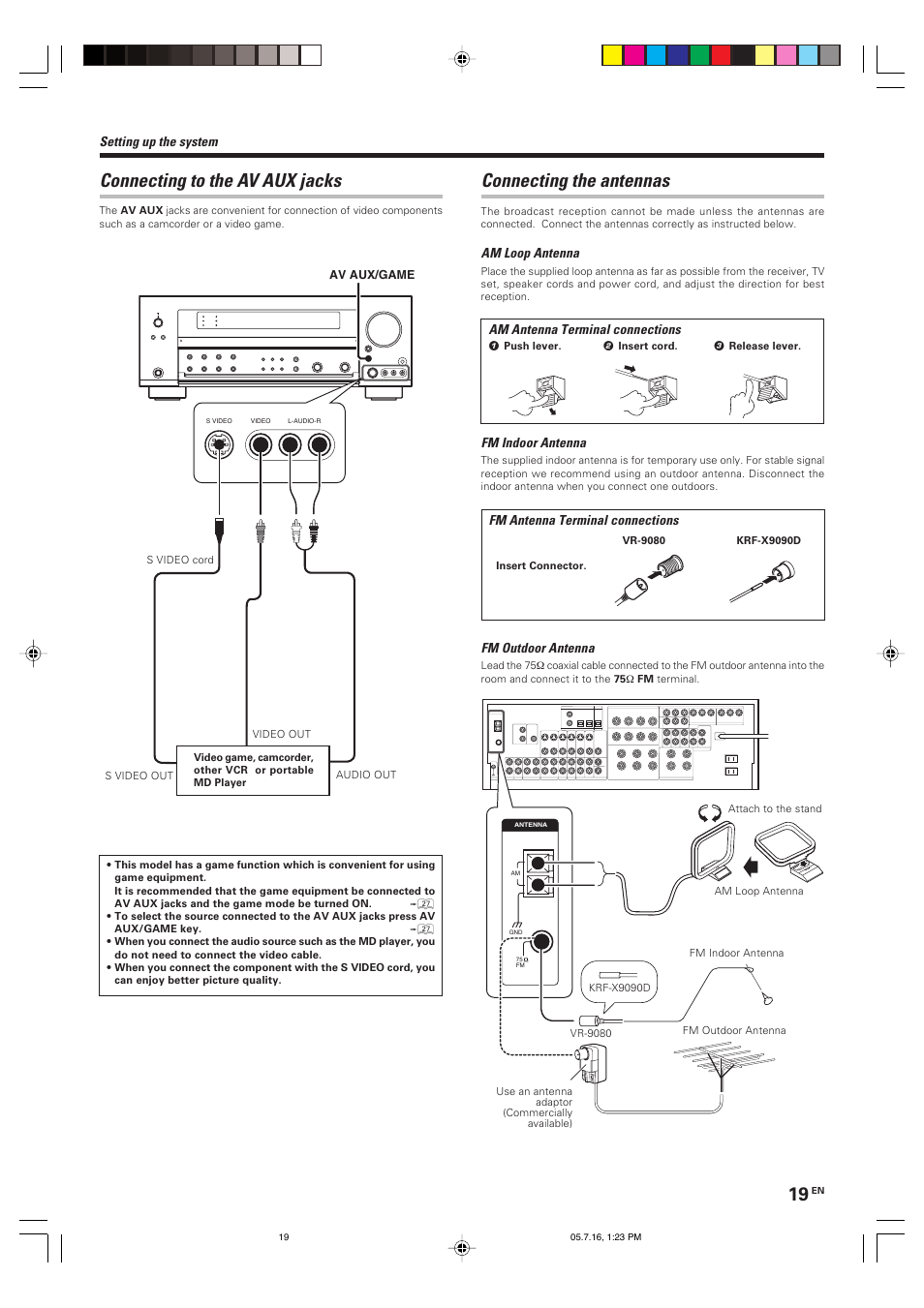 Connecting to the av aux jacks, Connecting the antennas | Kenwood VR-9080 User Manual | Page 19 / 56