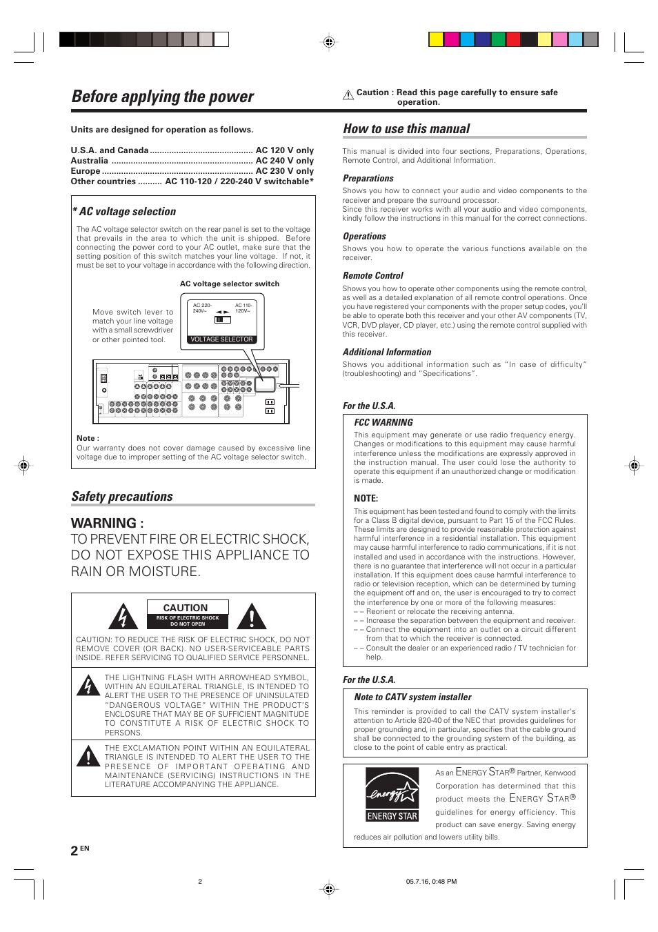 Before applying the power, How to use this manual, Ac voltage selection | Kenwood VR-9080 User Manual | Page 2 / 56