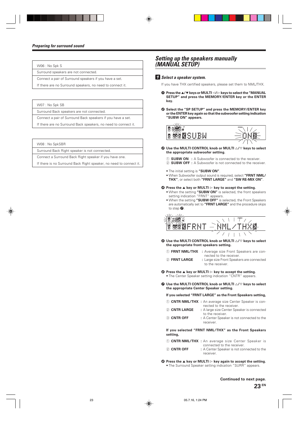 Setting up the speakers manually (manual setup) 1, Preparing for surround sound, Select a speaker system | Kenwood VR-9080 User Manual | Page 23 / 56