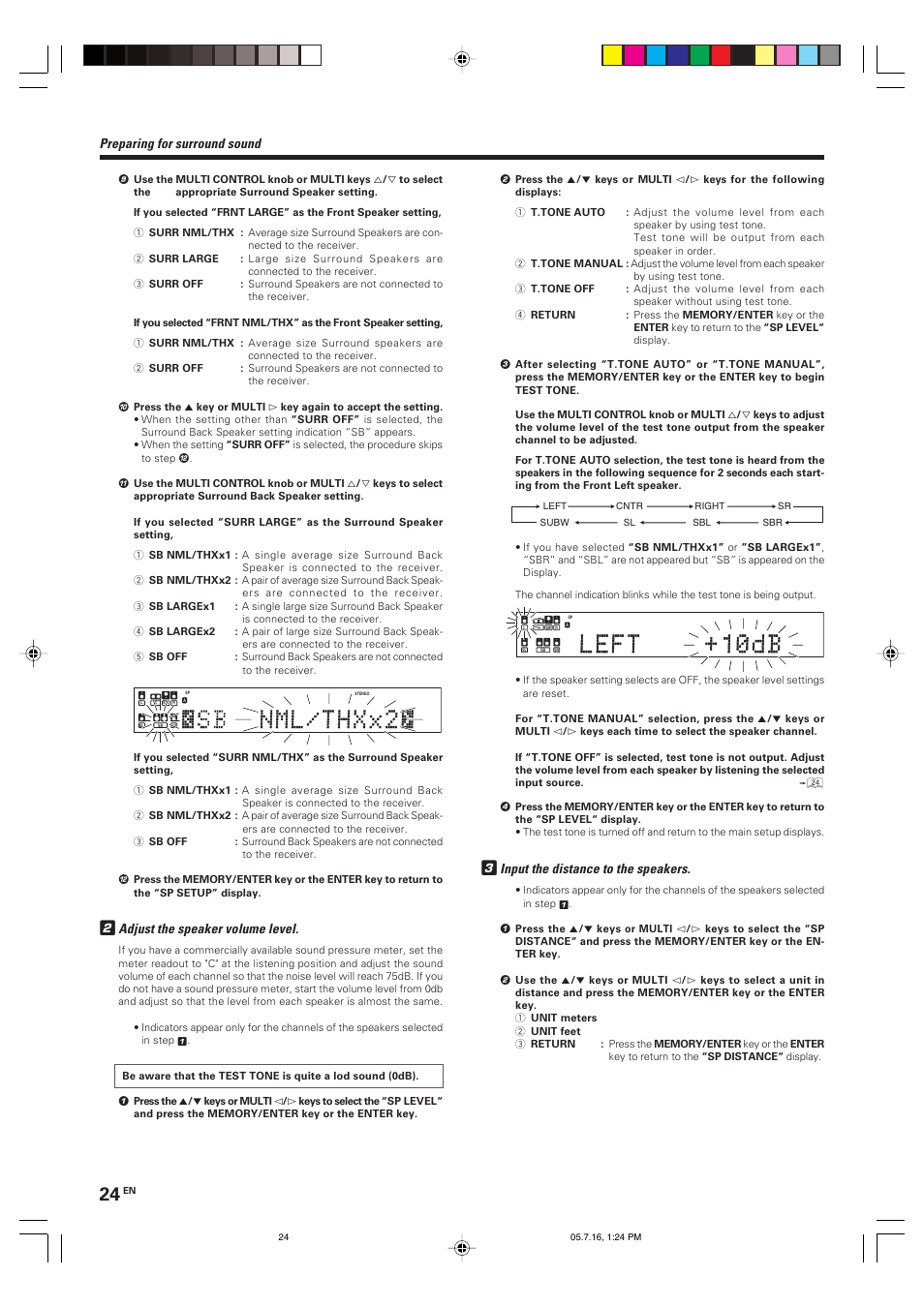 Preparing for surround sound, Input the distance to the speakers, Adjust the speaker volume level | Kenwood VR-9080 User Manual | Page 24 / 56