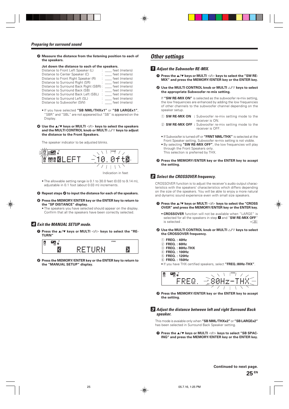 Other settings 1, Exit the manual setup mode, Preparing for surround sound | Adjust the subwoofer re-mix, Select the crossover frequency | Kenwood VR-9080 User Manual | Page 25 / 56