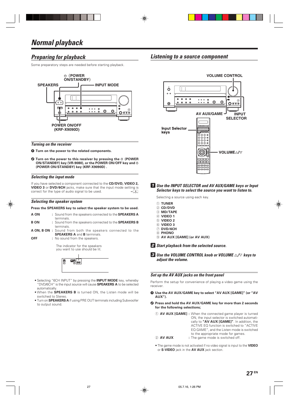 Normal playback, Listening to a source component, Preparing for playback | Kenwood VR-9080 User Manual | Page 27 / 56