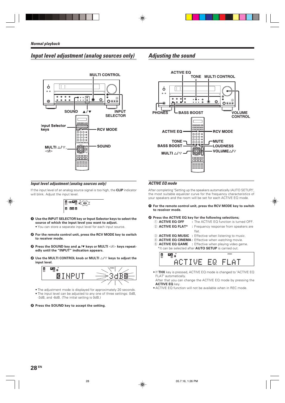 Adjusting the sound, Input level adjustment (analog sources only), Normal playback | Active eq mode, Input selector multi control sound | Kenwood VR-9080 User Manual | Page 28 / 56