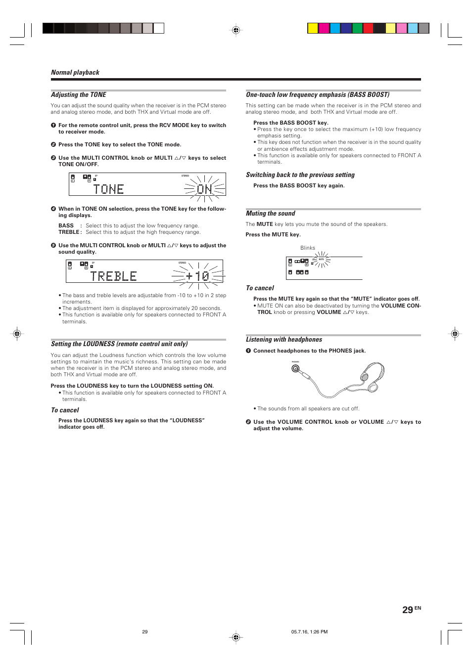 Normal playback adjusting the tone, Setting the loudness (remote control unit only), One-touch low frequency emphasis (bass boost) | Switching back to the previous setting, Muting the sound, Listening with headphones | Kenwood VR-9080 User Manual | Page 29 / 56