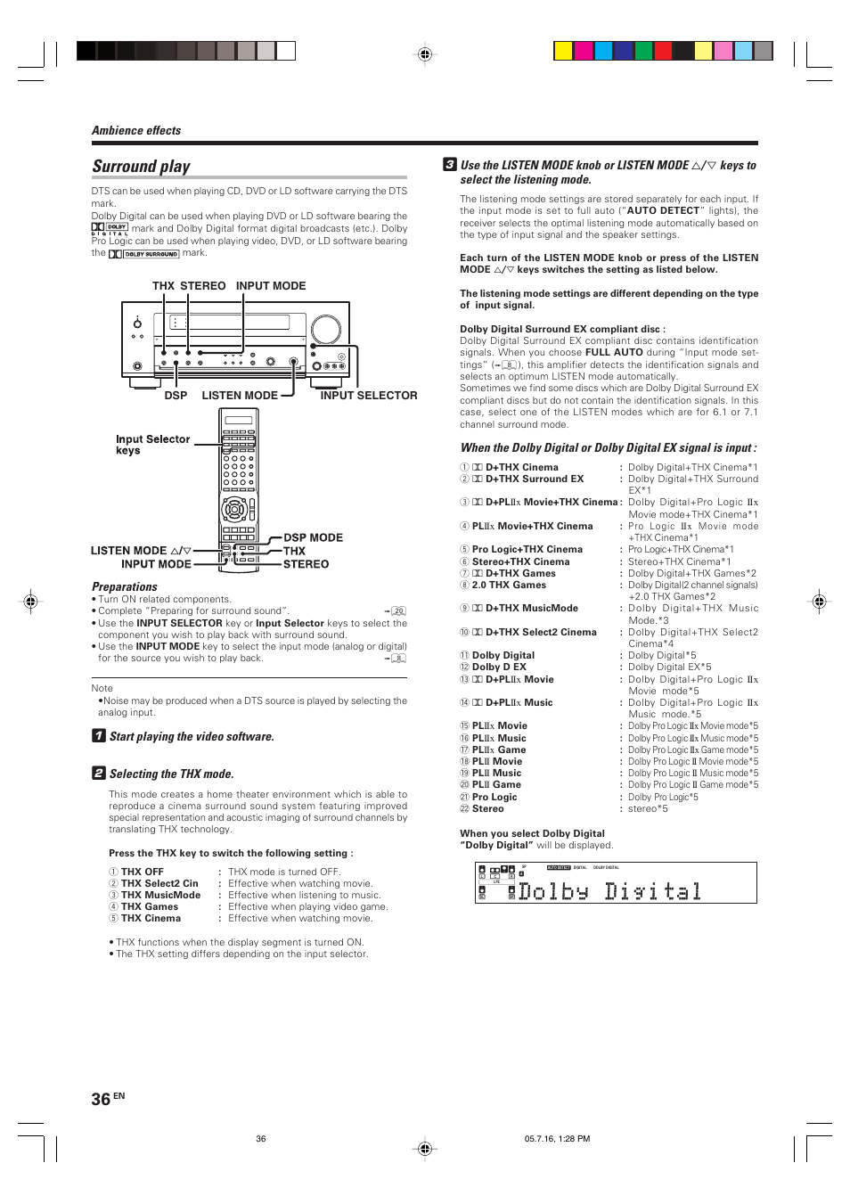 Surround play | Kenwood VR-9080 User Manual | Page 36 / 56