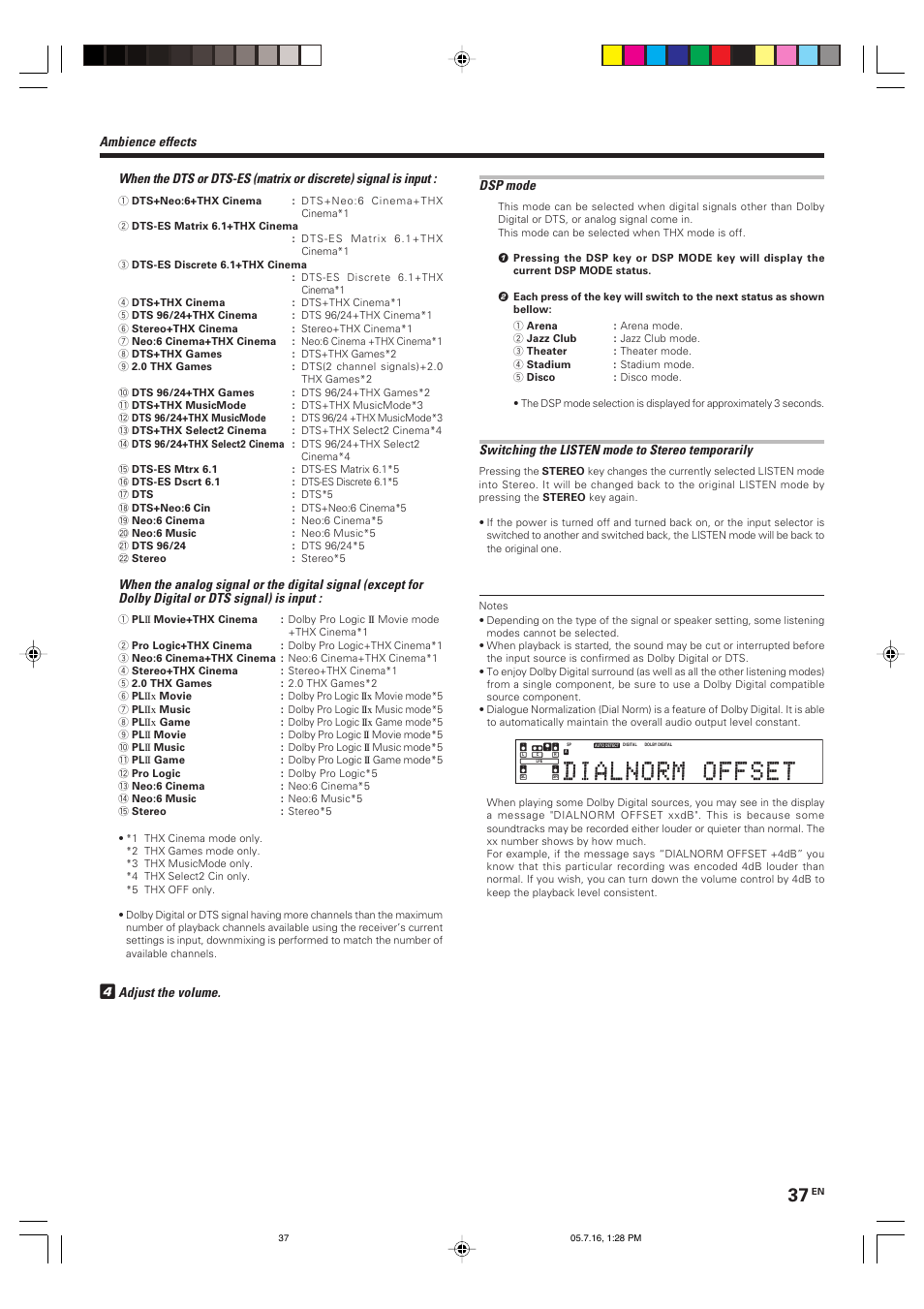 Adjust the volume. dsp mode, Switching the listen mode to stereo temporarily | Kenwood VR-9080 User Manual | Page 37 / 56