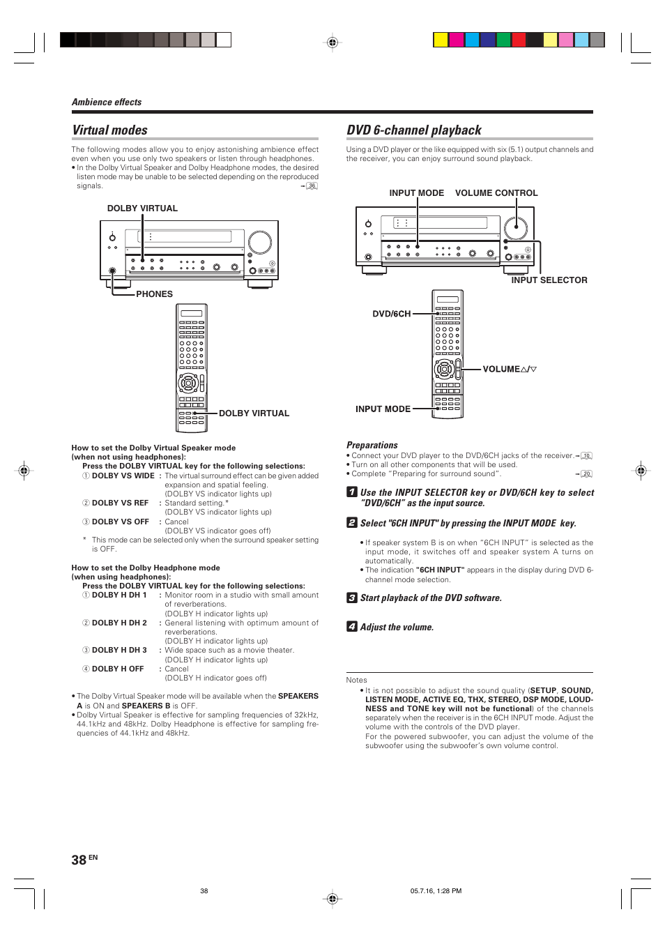 Virtual modes, Dvd 6-channel playback | Kenwood VR-9080 User Manual | Page 38 / 56