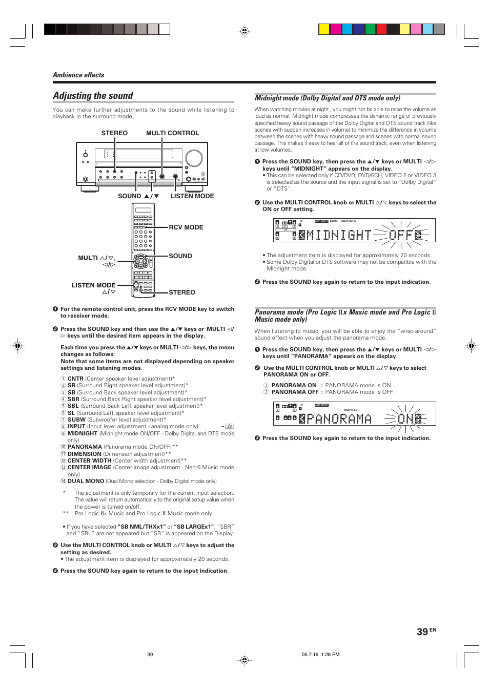 Adjusting the sound, Ambience effects, Midnight mode (dolby digital and dts mode only) | Panorama mode (pro logic, X music mode and pro logic, Music mode only) | Kenwood VR-9080 User Manual | Page 39 / 56