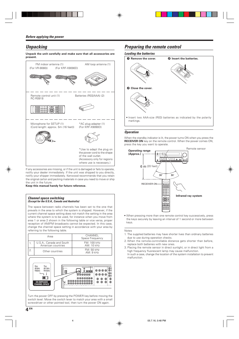 Unpacking, Preparing the remote control | Kenwood VR-9080 User Manual | Page 4 / 56