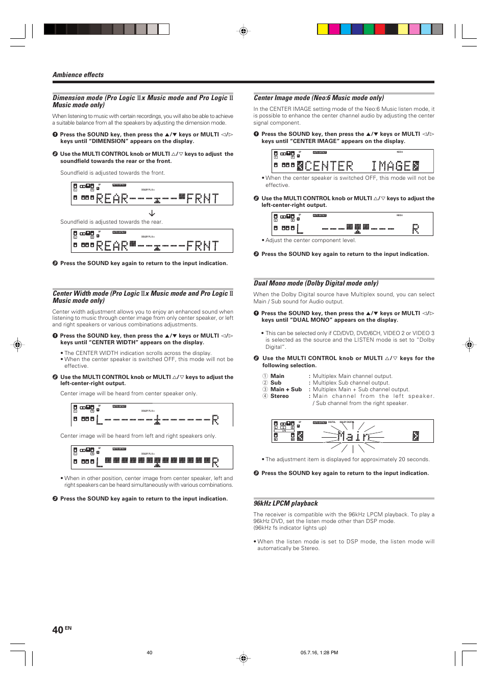 Dimension mode (pro logic, X music mode and pro logic, Music mode only) | Center width mode (pro logic, Dual mono mode (dolby digital mode only), 96khz lpcm playback | Kenwood VR-9080 User Manual | Page 40 / 56