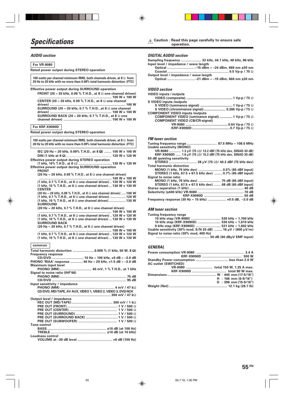 Specifications | Kenwood VR-9080 User Manual | Page 55 / 56