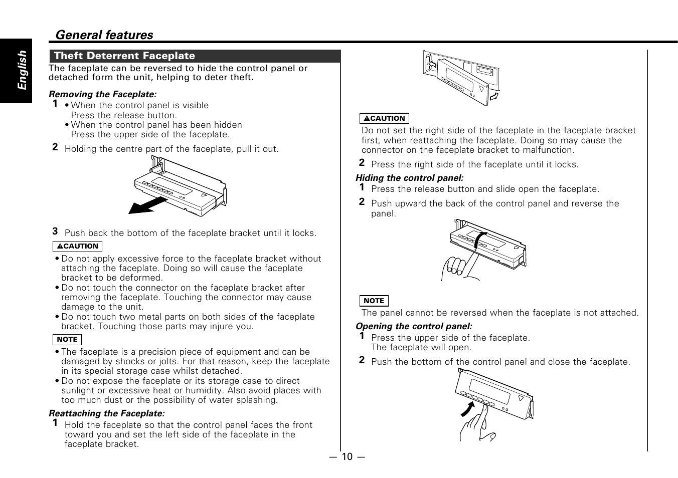 Theft deterrent faceplate, General features, English | Kenwood B64-1627-00 User Manual | Page 10 / 42
