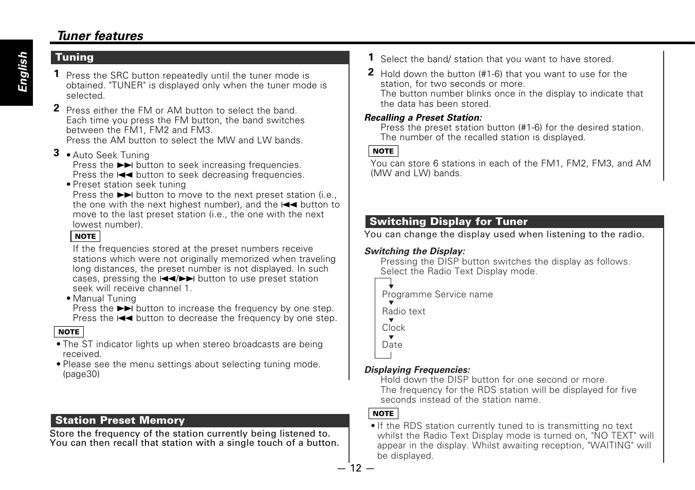 Tuning, Station preset memory, Switching display for tuner | Tuner features, English | Kenwood B64-1627-00 User Manual | Page 12 / 42