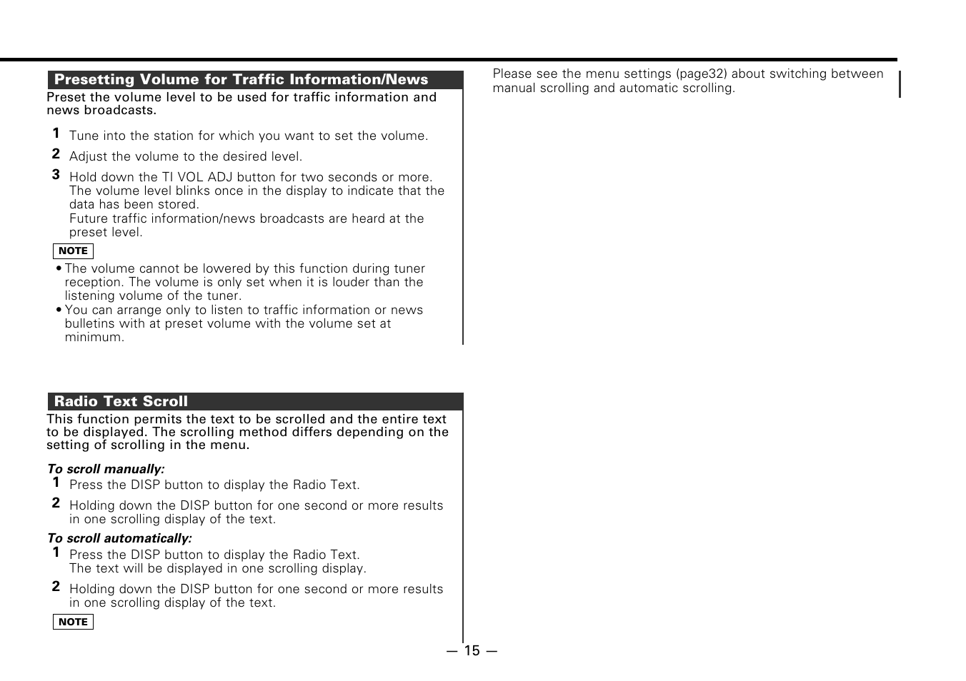 Presetting volume for traffic information/news, Radio text scroll | Kenwood B64-1627-00 User Manual | Page 15 / 42