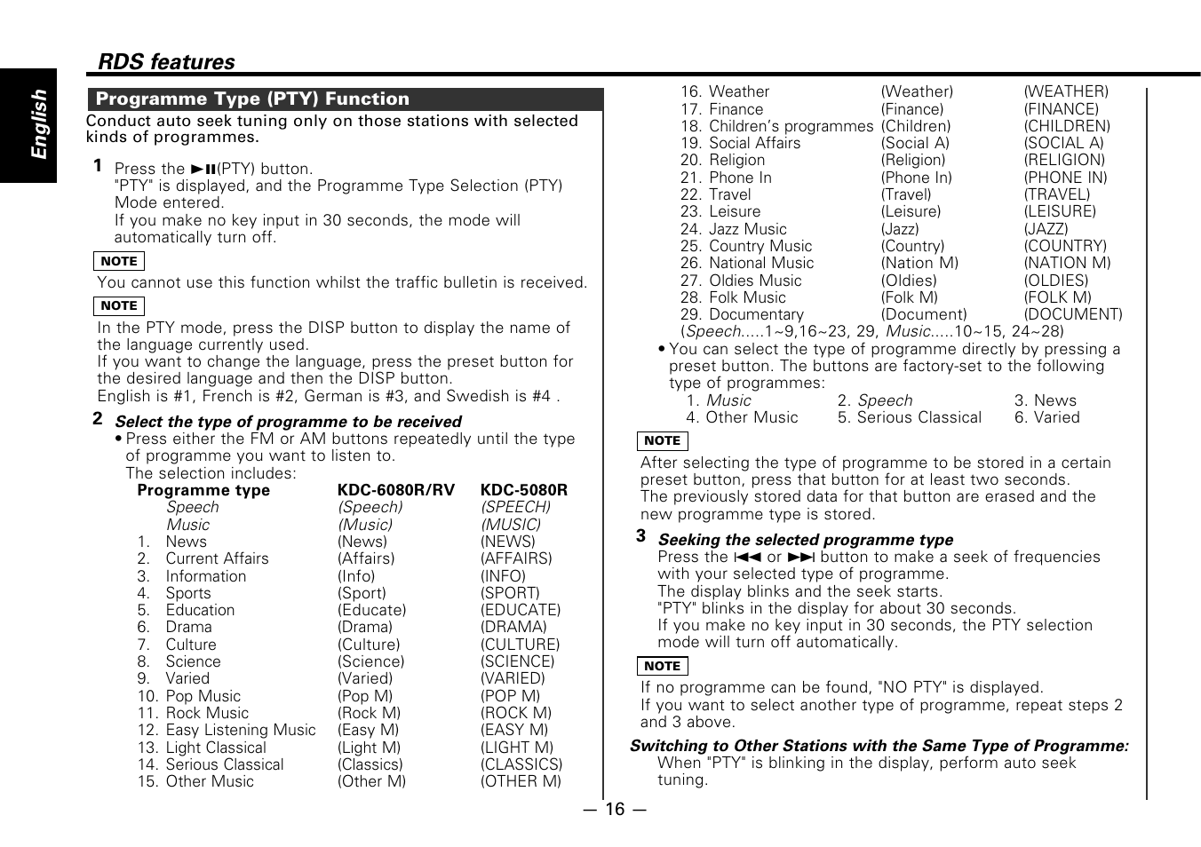 Programme type (pty) function, Rds features, English | Kenwood B64-1627-00 User Manual | Page 16 / 42
