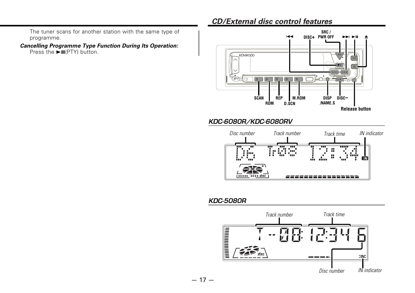 Cd/external disc control features, Track number, Press the 38(pty) button | Kenwood B64-1627-00 User Manual | Page 17 / 42