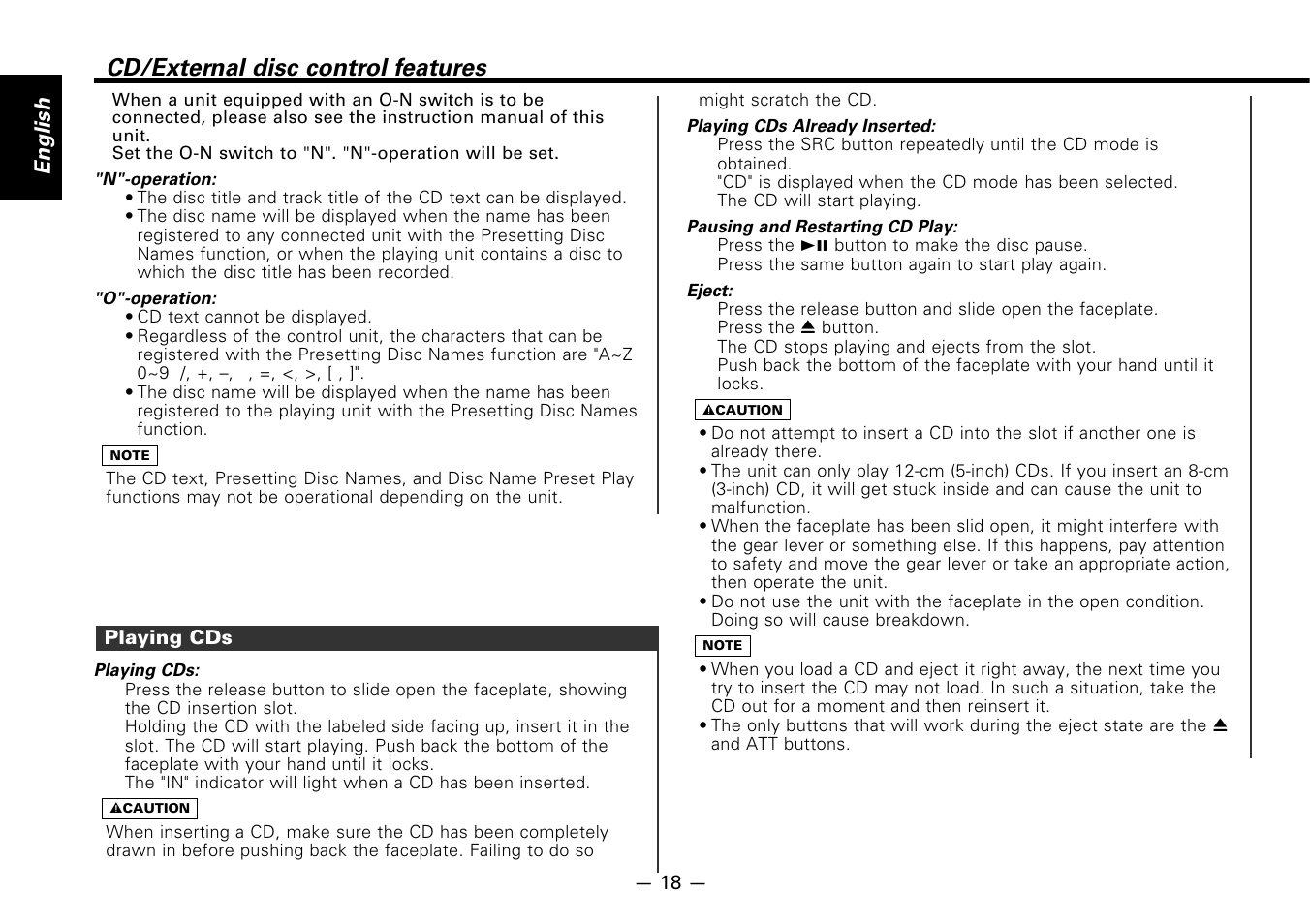 Playing cds, Cd/external disc control features, English | Kenwood B64-1627-00 User Manual | Page 18 / 42