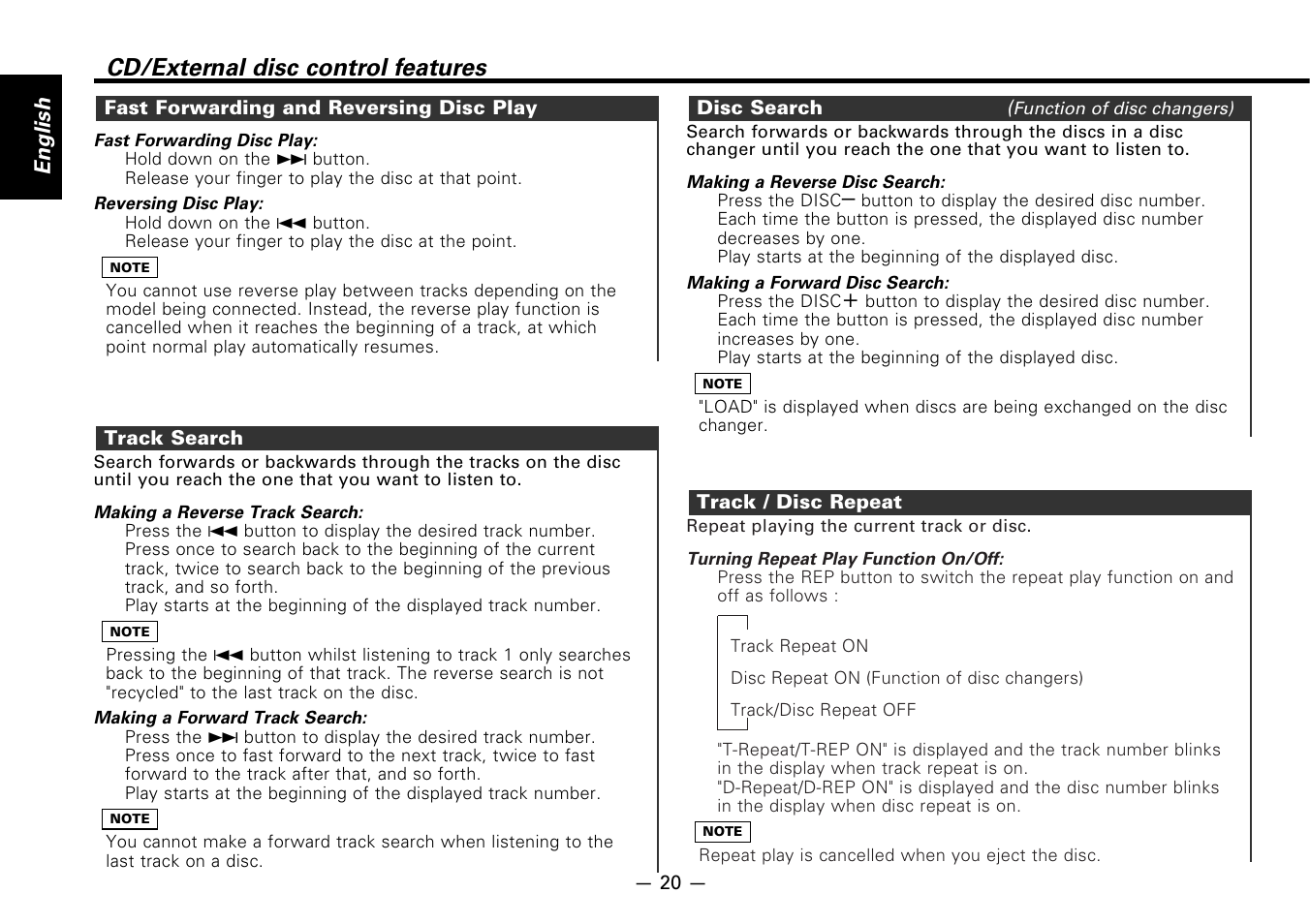 Fast forwarding and reversing disc play, Track search, Disc search | Track / disc repeat, Cd/external disc control features, English | Kenwood B64-1627-00 User Manual | Page 20 / 42