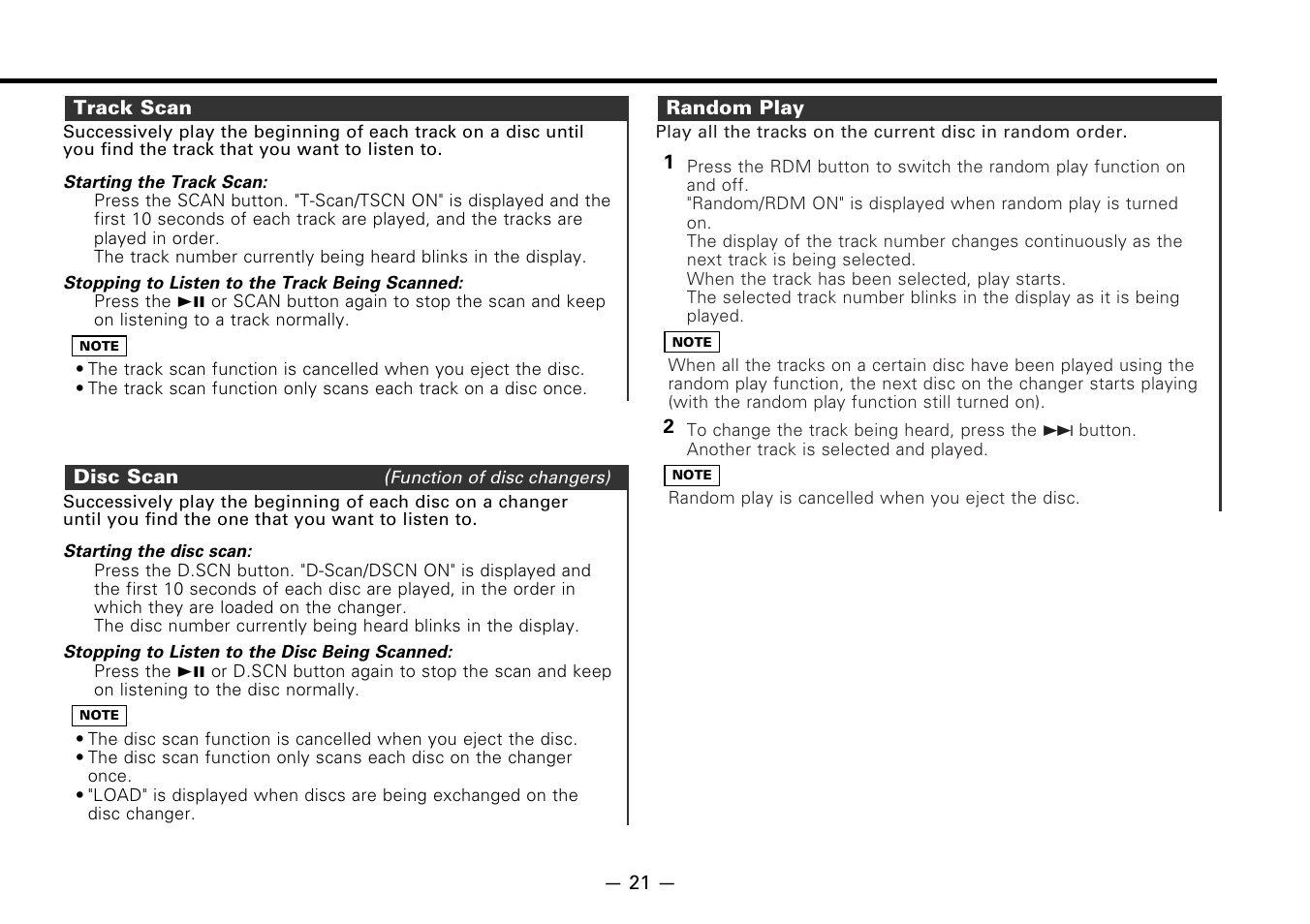 Track scan, Disc scan, Random play | Kenwood B64-1627-00 User Manual | Page 21 / 42