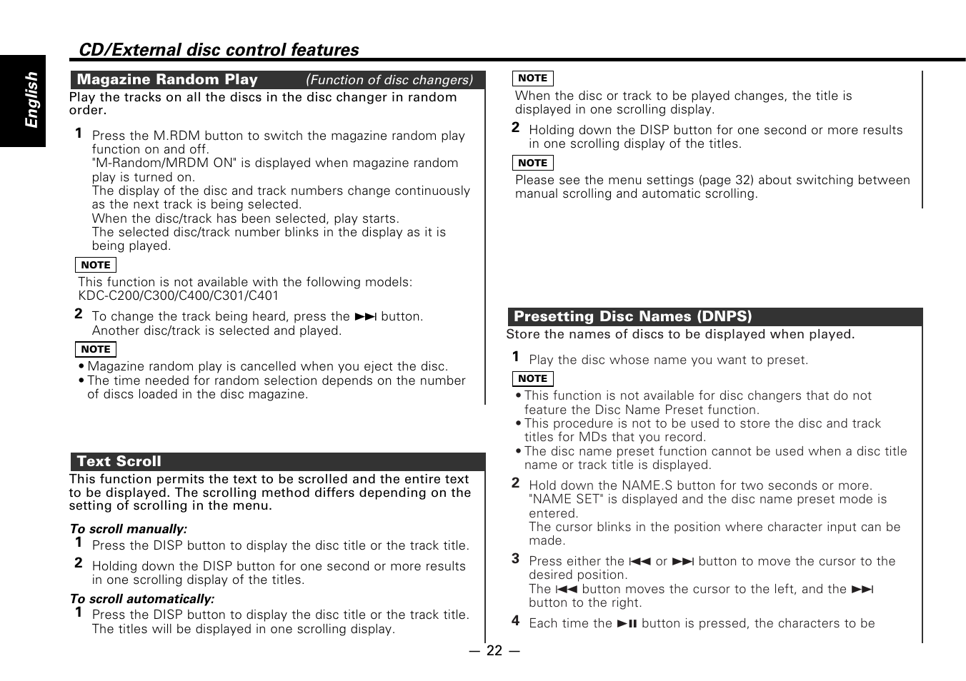 Magazine random play, Text scroll, Presetting disc names (dnps) | Cd/external disc control features, English | Kenwood B64-1627-00 User Manual | Page 22 / 42
