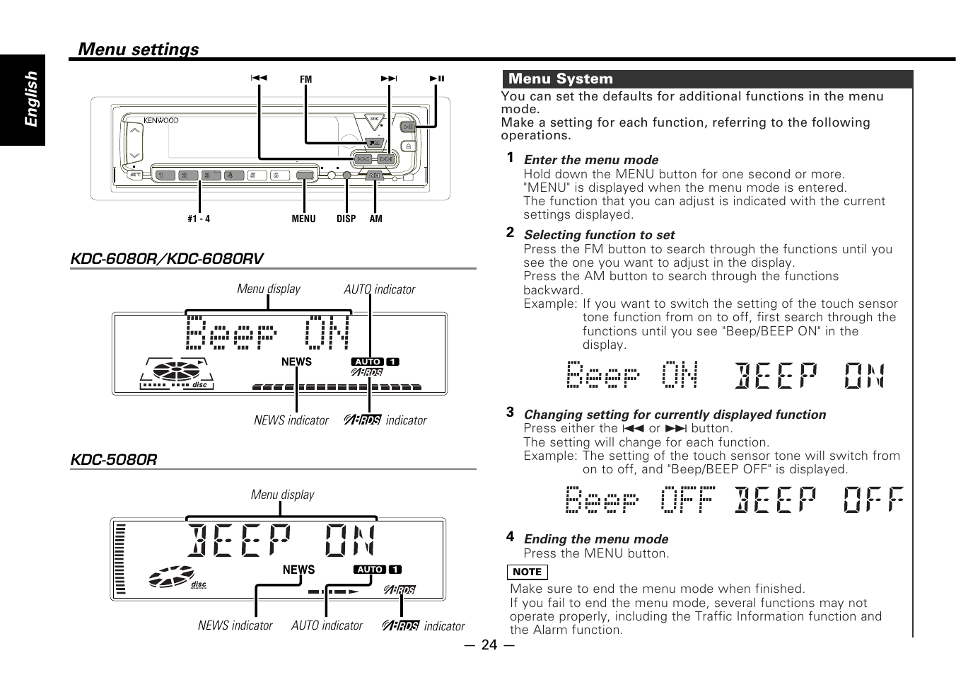 Menu settings, Menu system, English | 43 2 1 menu system | Kenwood B64-1627-00 User Manual | Page 24 / 42
