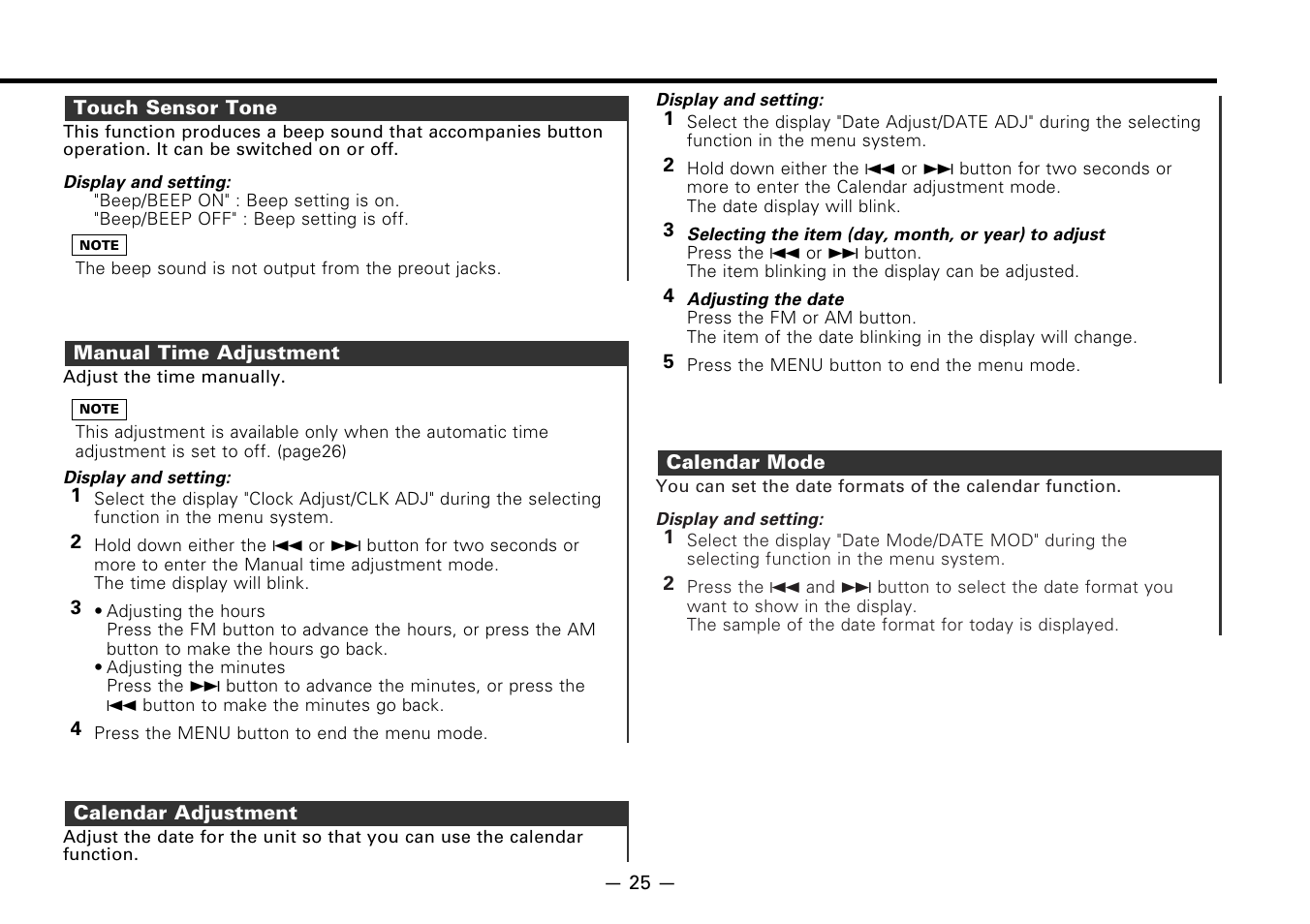 Touch sensor tone, Manual time adjustment, Calendar adjustment | Calendar mode | Kenwood B64-1627-00 User Manual | Page 25 / 42