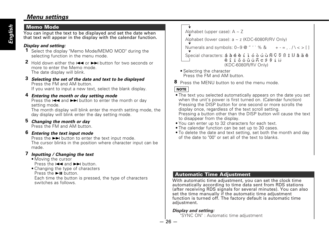 Memo mode, Automatic time adjustment, Menu settings | Kenwood B64-1627-00 User Manual | Page 26 / 42