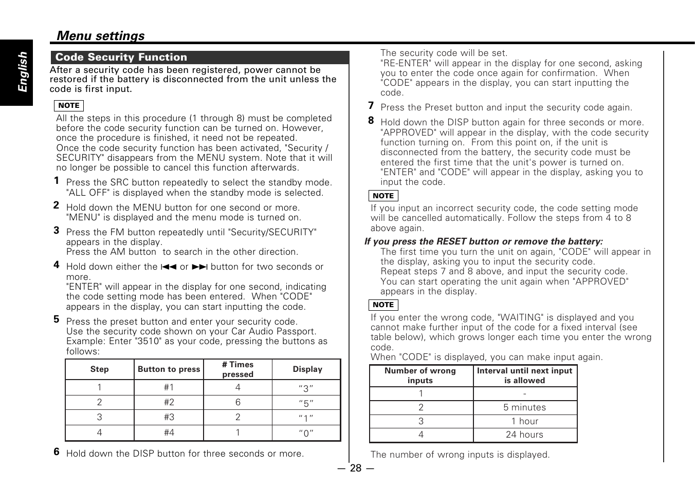 Code security function, Menu settings, English | Kenwood B64-1627-00 User Manual | Page 28 / 42