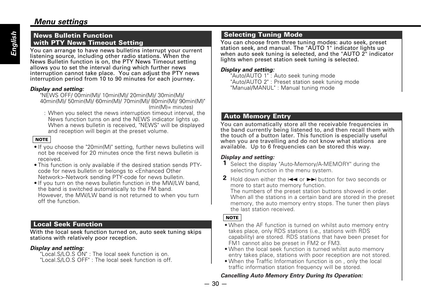 Local seek function, Selecting tuning mode, Auto memory entry | Menu settings, English | Kenwood B64-1627-00 User Manual | Page 30 / 42