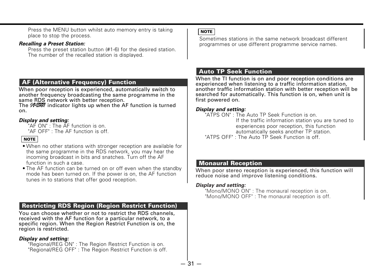 Af (alternative frequency) function, Restricting rds region (region restrict function), Auto tp seek function | Monaural reception | Kenwood B64-1627-00 User Manual | Page 31 / 42