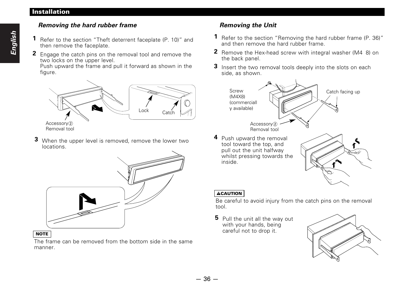 Removing the hard rubber frame, Removing the unit | Kenwood B64-1627-00 User Manual | Page 36 / 42