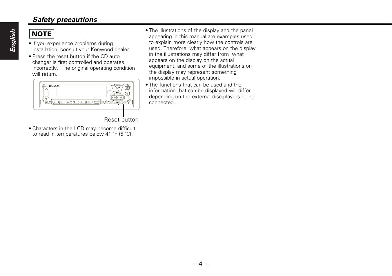 Safety precautions, English, Reset button | Kenwood B64-1627-00 User Manual | Page 4 / 42