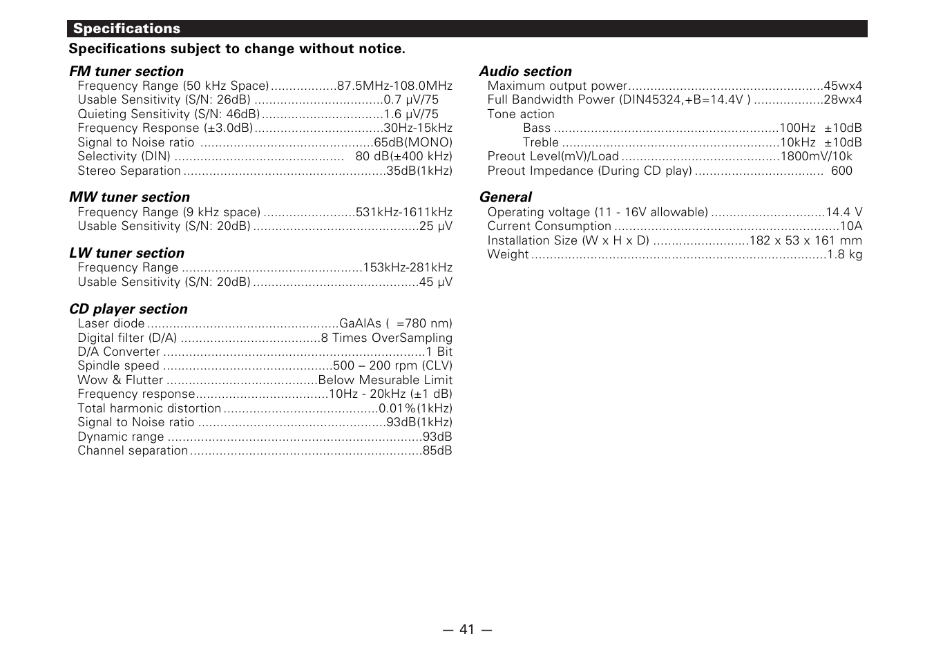 Specifications | Kenwood B64-1627-00 User Manual | Page 41 / 42