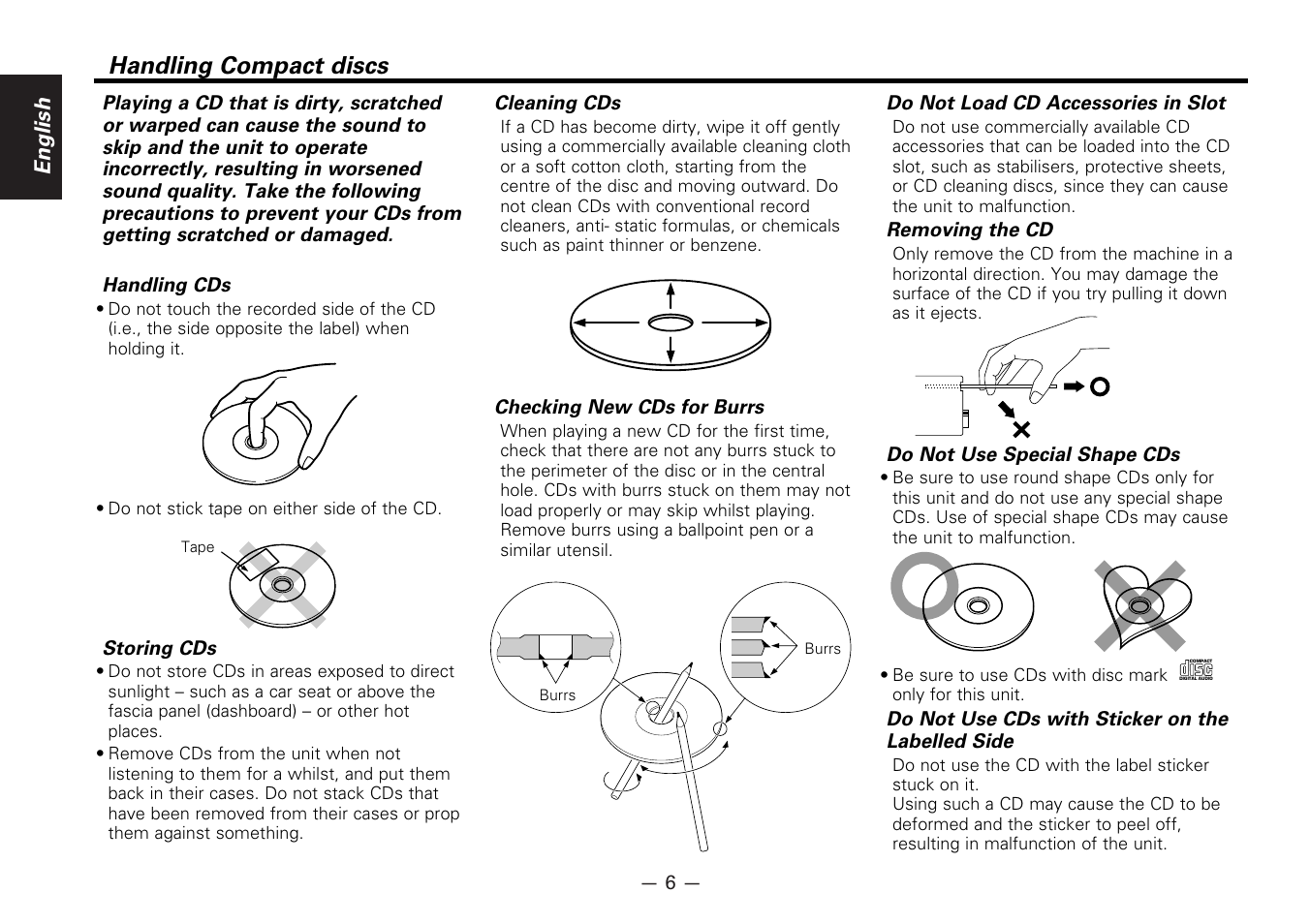 Handling compact discs, English | Kenwood B64-1627-00 User Manual | Page 6 / 42