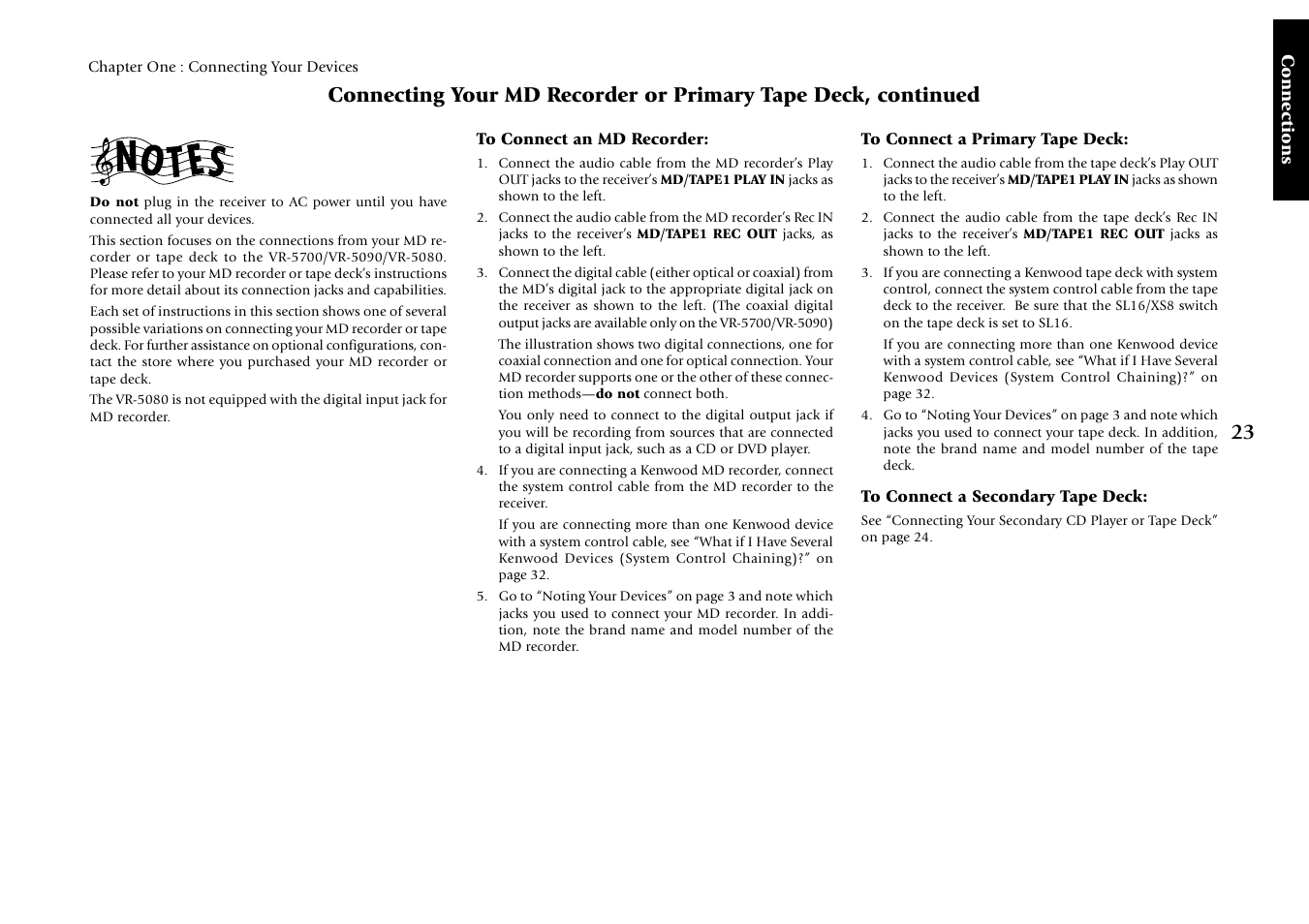 To connect an md recorder, To connect a primary tape deck, To connect a secondary tape deck | Kenwood Sovereign VR-5700 User Manual | Page 29 / 60