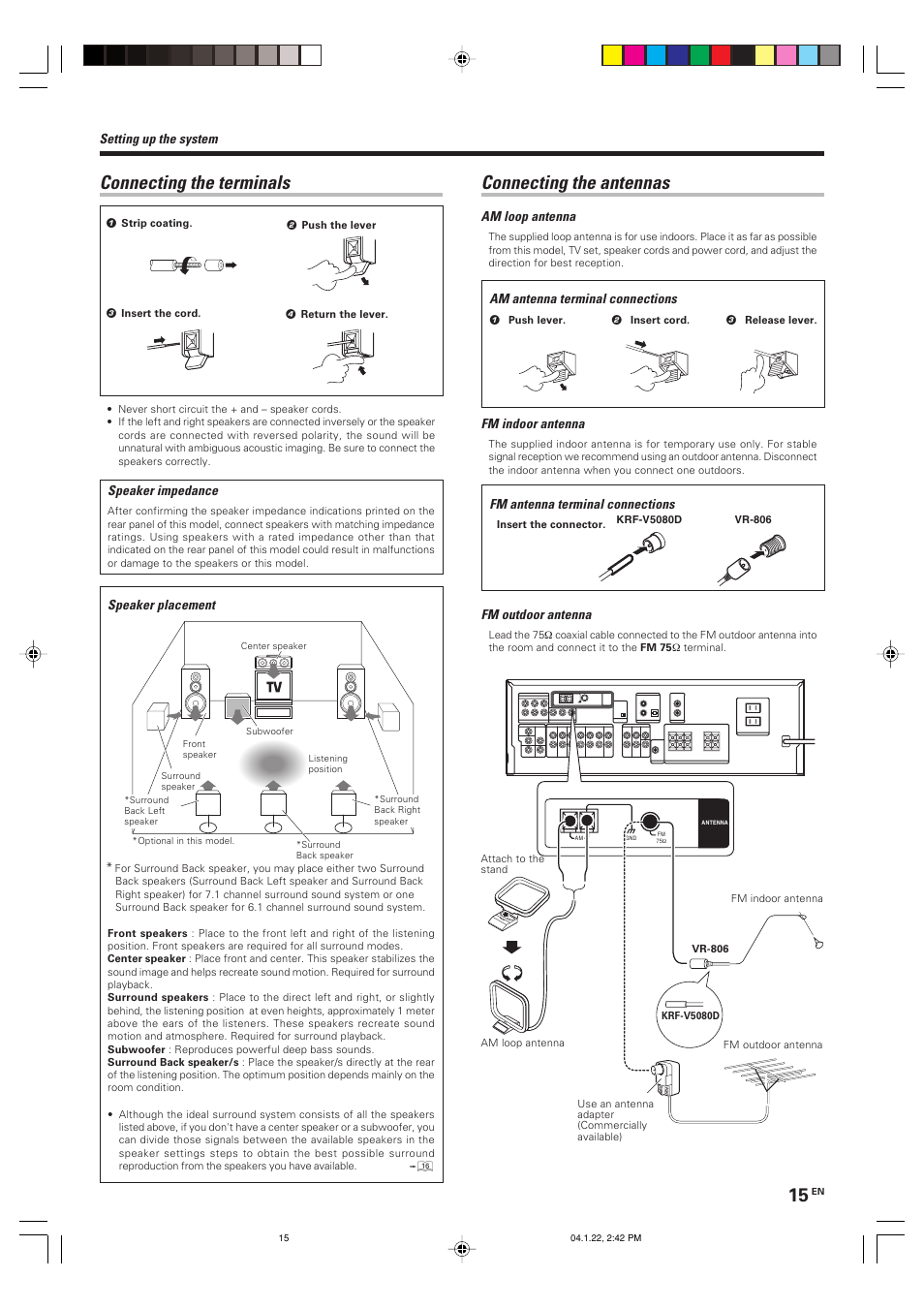 Connecting the terminals, Connecting the antennas | Kenwood KRF-V5080D User Manual | Page 15 / 32