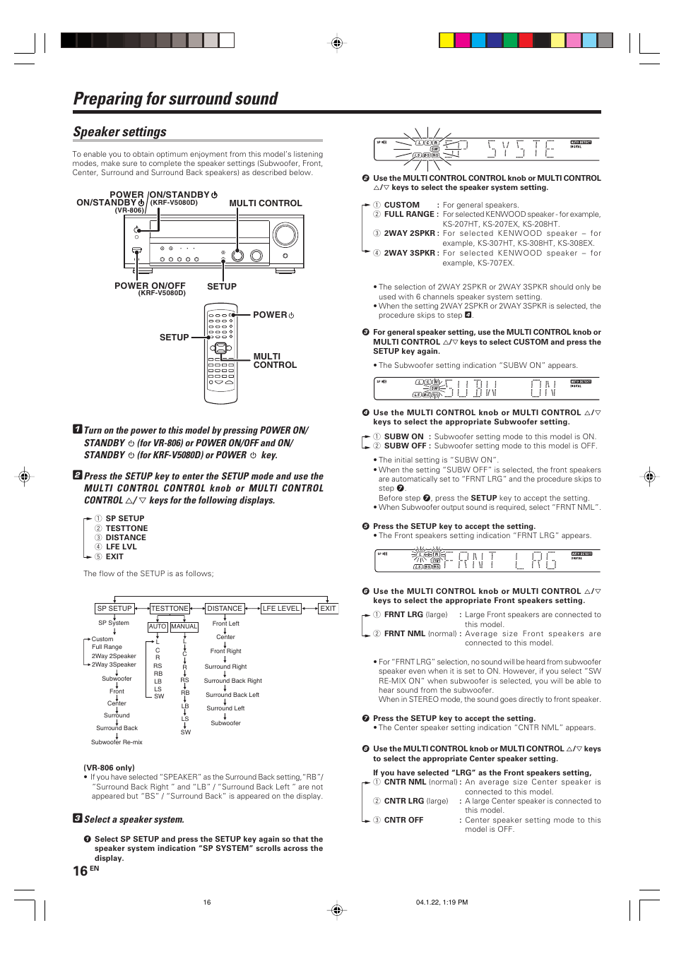 Preparing for surround sound, Speaker settings | Kenwood KRF-V5080D User Manual | Page 16 / 32