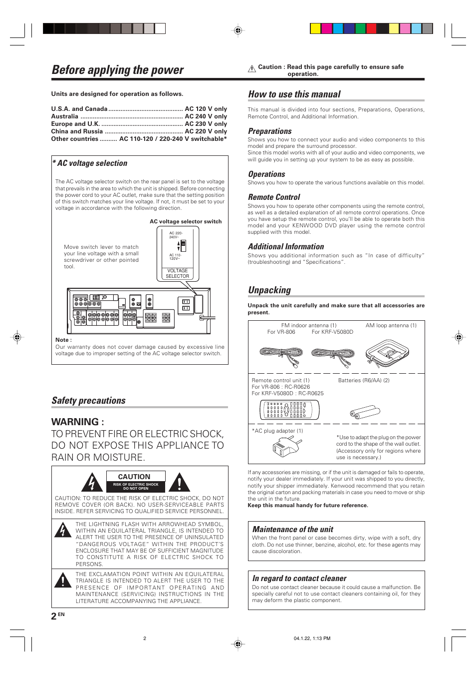 Before applying the power, Unpacking, How to use this manual | Maintenance of the unit, Ac voltage selection, Preparations, Operations, Remote control, Additional information | Kenwood KRF-V5080D User Manual | Page 2 / 32