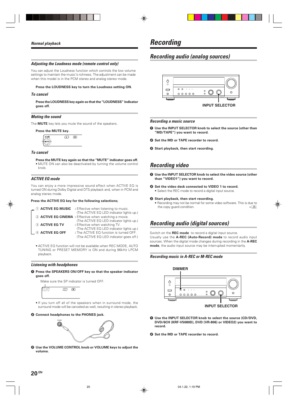 Recording, Recording audio (analog sources), Recording video | Recording audio (digital sources) | Kenwood KRF-V5080D User Manual | Page 20 / 32