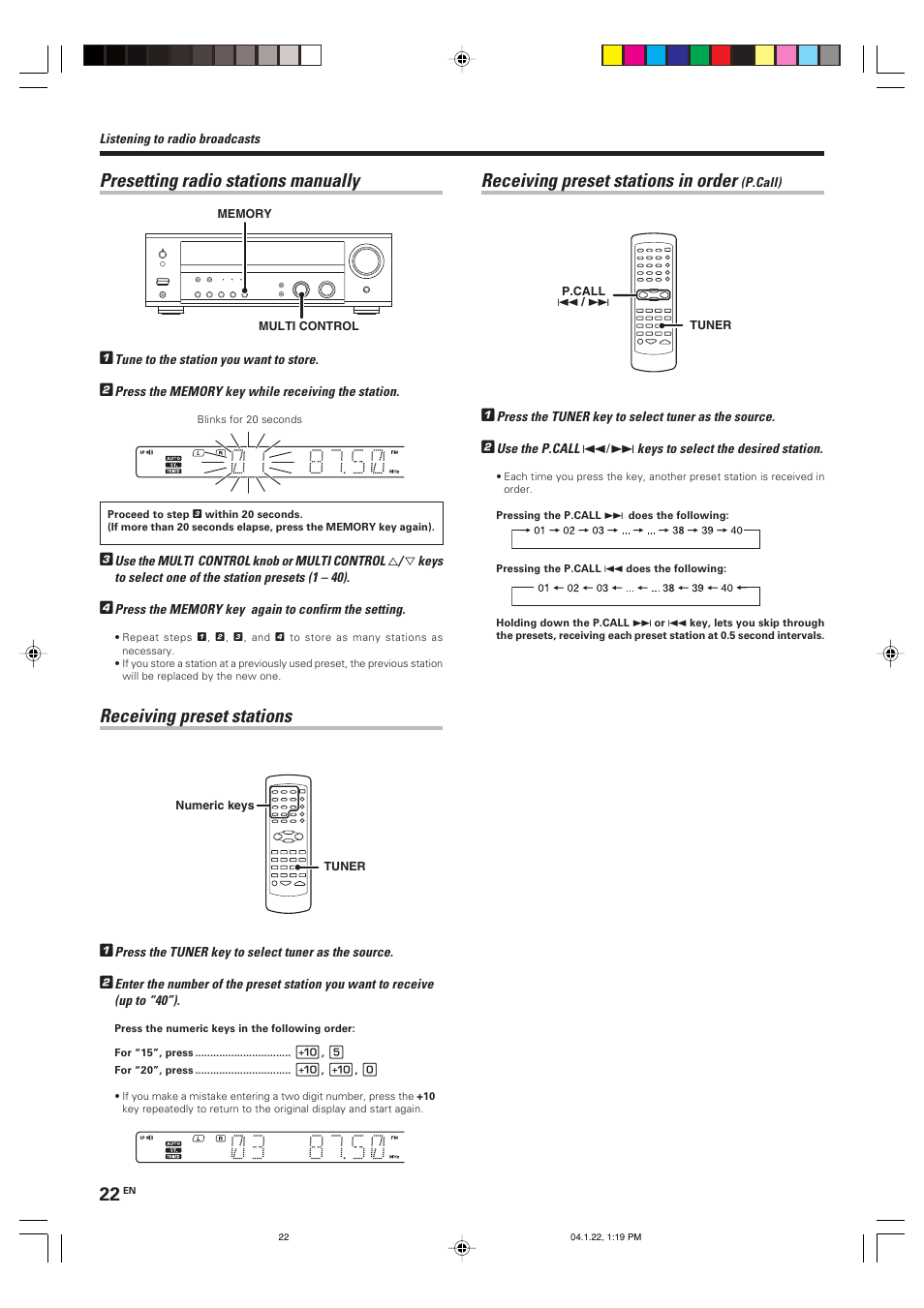 Presetting radio stations manually, Receiving preset stations, Receiving preset stations in order | Kenwood KRF-V5080D User Manual | Page 22 / 32