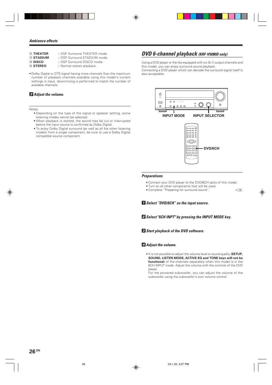 Dvd 6-channel playback | Kenwood KRF-V5080D User Manual | Page 26 / 32