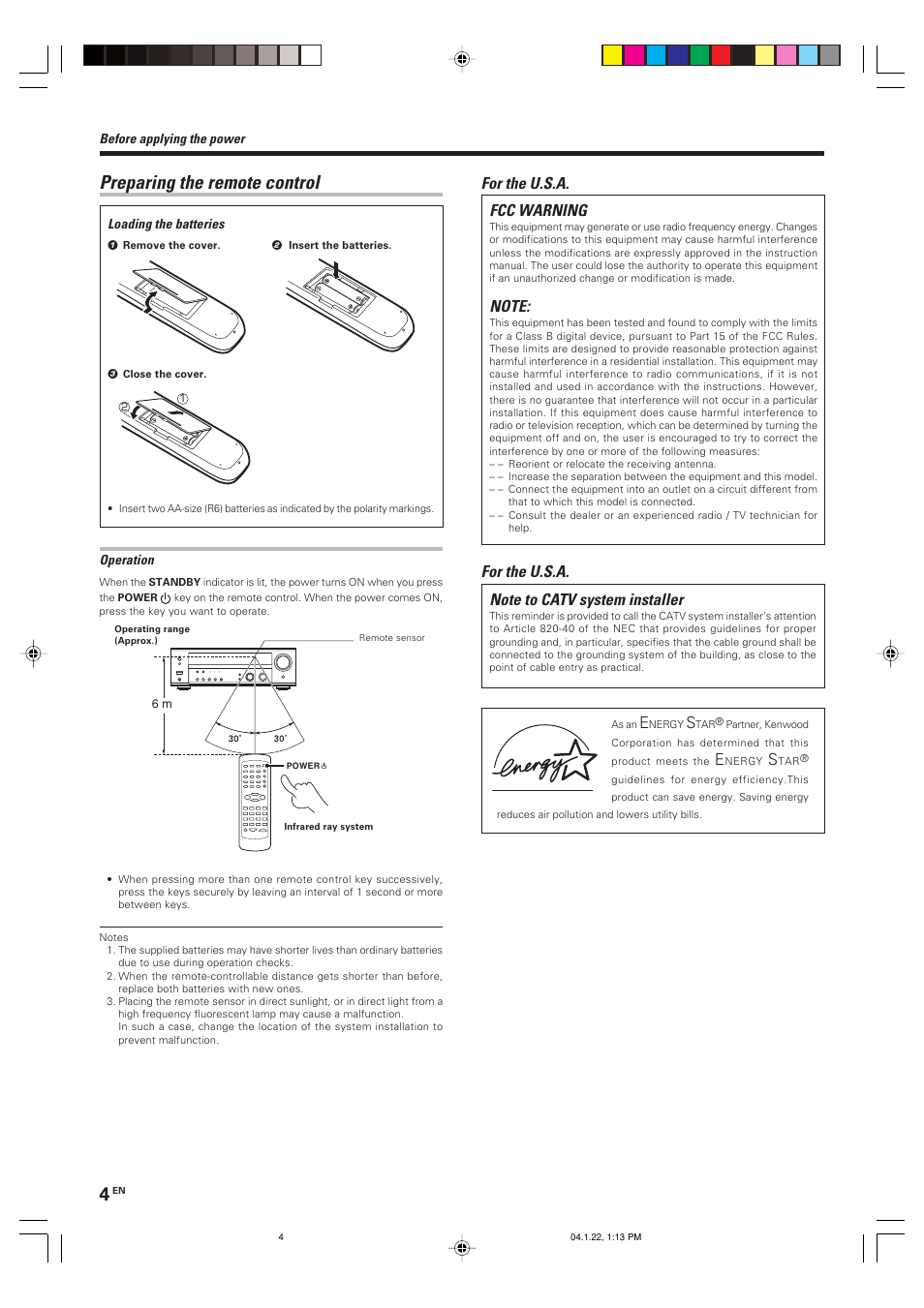 Preparing the remote control, Fcc warning, For the u.s.a | Kenwood KRF-V5080D User Manual | Page 4 / 32