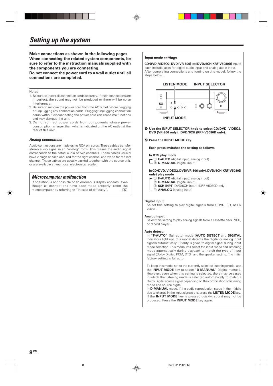 Setting up the system, Microcomputer malfunction | Kenwood KRF-V5080D User Manual | Page 8 / 32